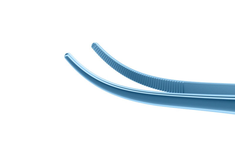 096R 4-072T Dressing Forceps with Delicate Serrations, 12.00 mm Serrated Tips, Curved, Flat Handle, Length 100 mm, Titanium