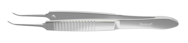 999R 4-102S Iris Forceps with 1x2 Teeth, Curved, Flat Serrated Handle,  Length 72 mm, Stainless Steel