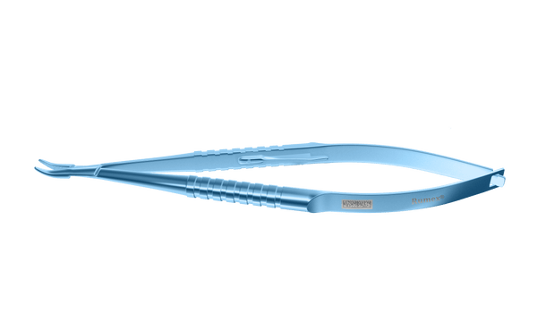 999R 8-010T Barraquer Needle Holder, 12.00 mm Standard Jaws, Curved, with Lock, Small Size, Length 100 mm, Titanium