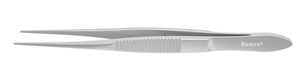 165R 4-071S Dressing Forceps with Delicate Serrations, 12.00 mm Serrated Tips, Straight, Flat Handle, Length 100 mm, Stainless Steel