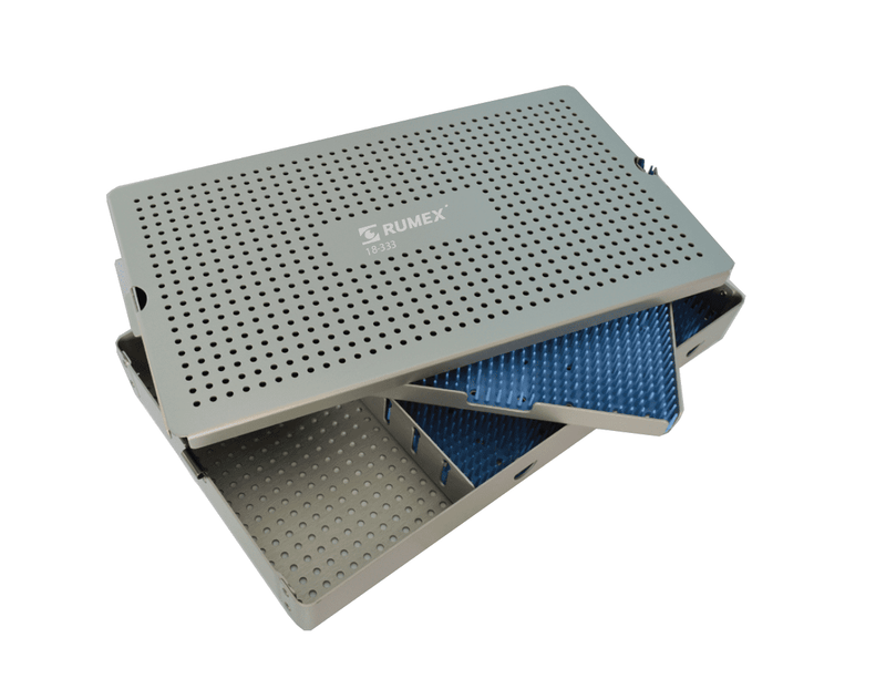 999R 18-333 Aluminum Sterilization Tray with Silicone Mat, Double Level + Open Section, 375×220×45 mm, 14.75×8.75×1.75″