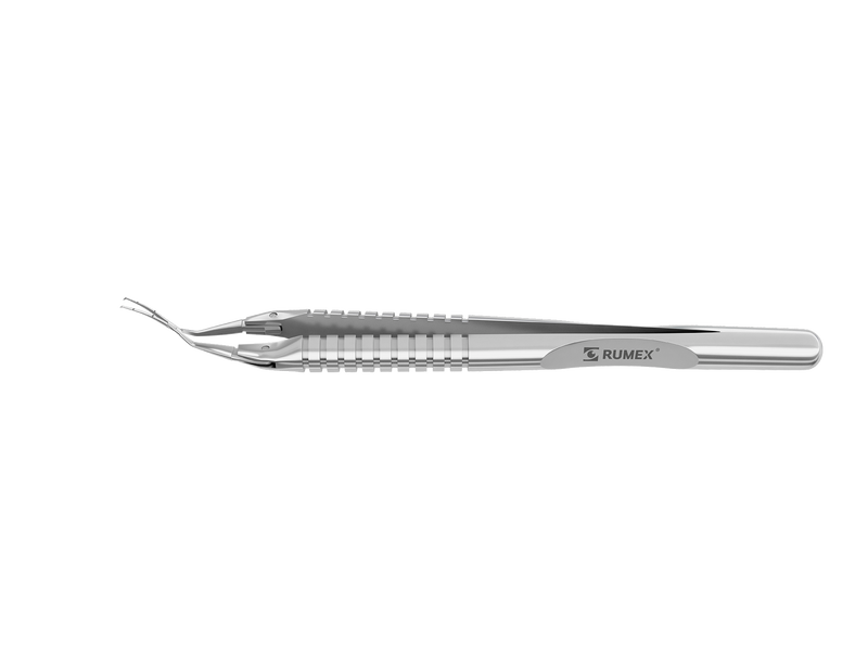 999R 4-0395/LRS Capsulorhexis Forceps with Scale (2.50/5.00 mm), Cross-Action, for 1.50 mm Incisions, Curved Stainless Steel Jaws (8.50 mm), Short Lever (16.00 mm), Long (101 mm) Round Stainless Steel Handle, Length 120 mm